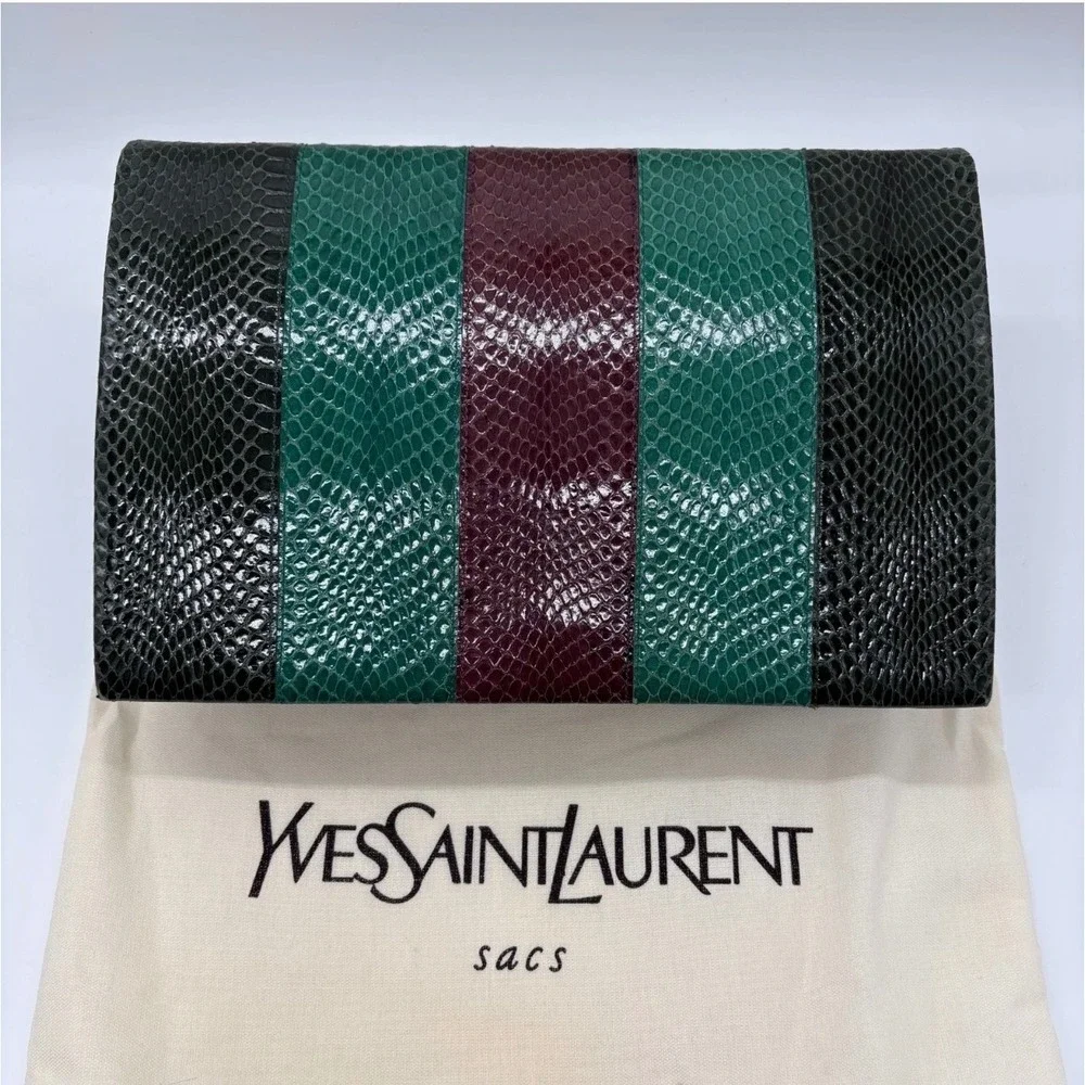 Vintage YSL Yves Saint Laurent Snakeskin Stripe Clutch Bag Green Burgundy 1970s